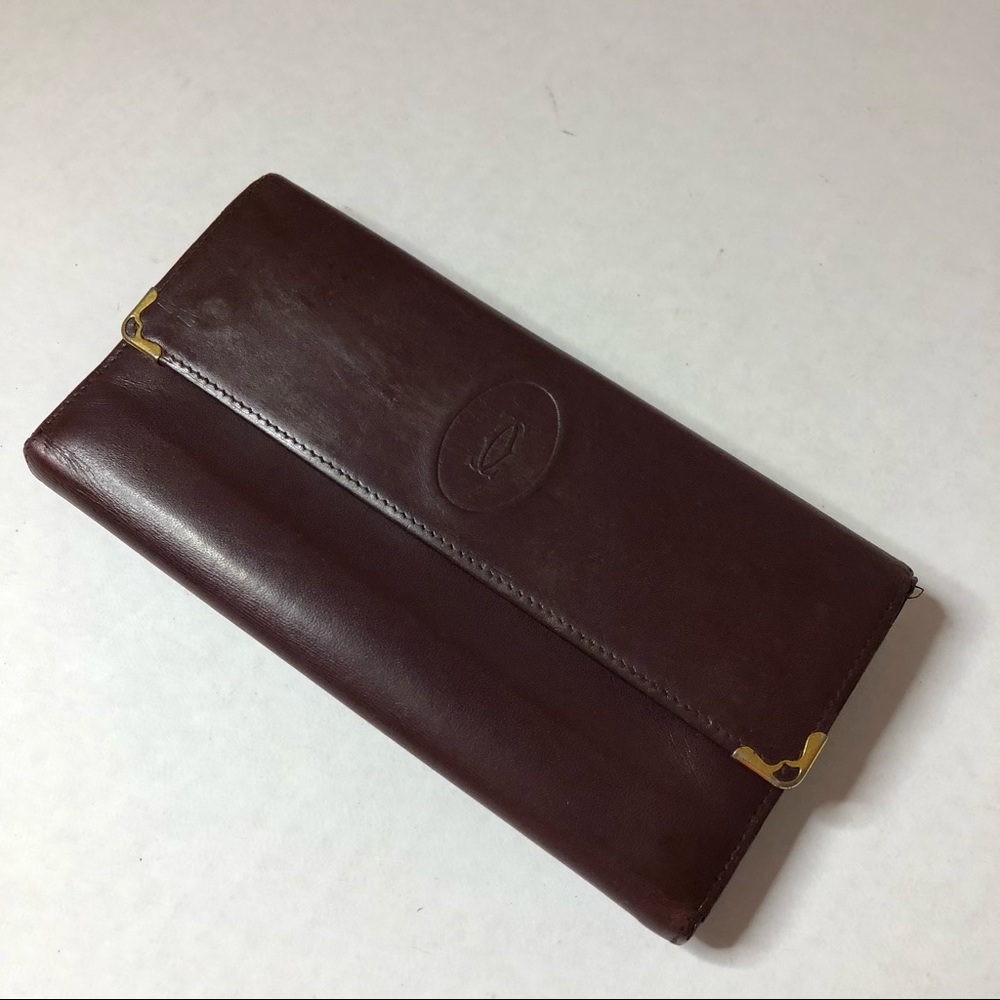 CARTIER 🌹Vintage Bourdeaux Long Wallet Check Book Coin Purse Gold Tone Hardware